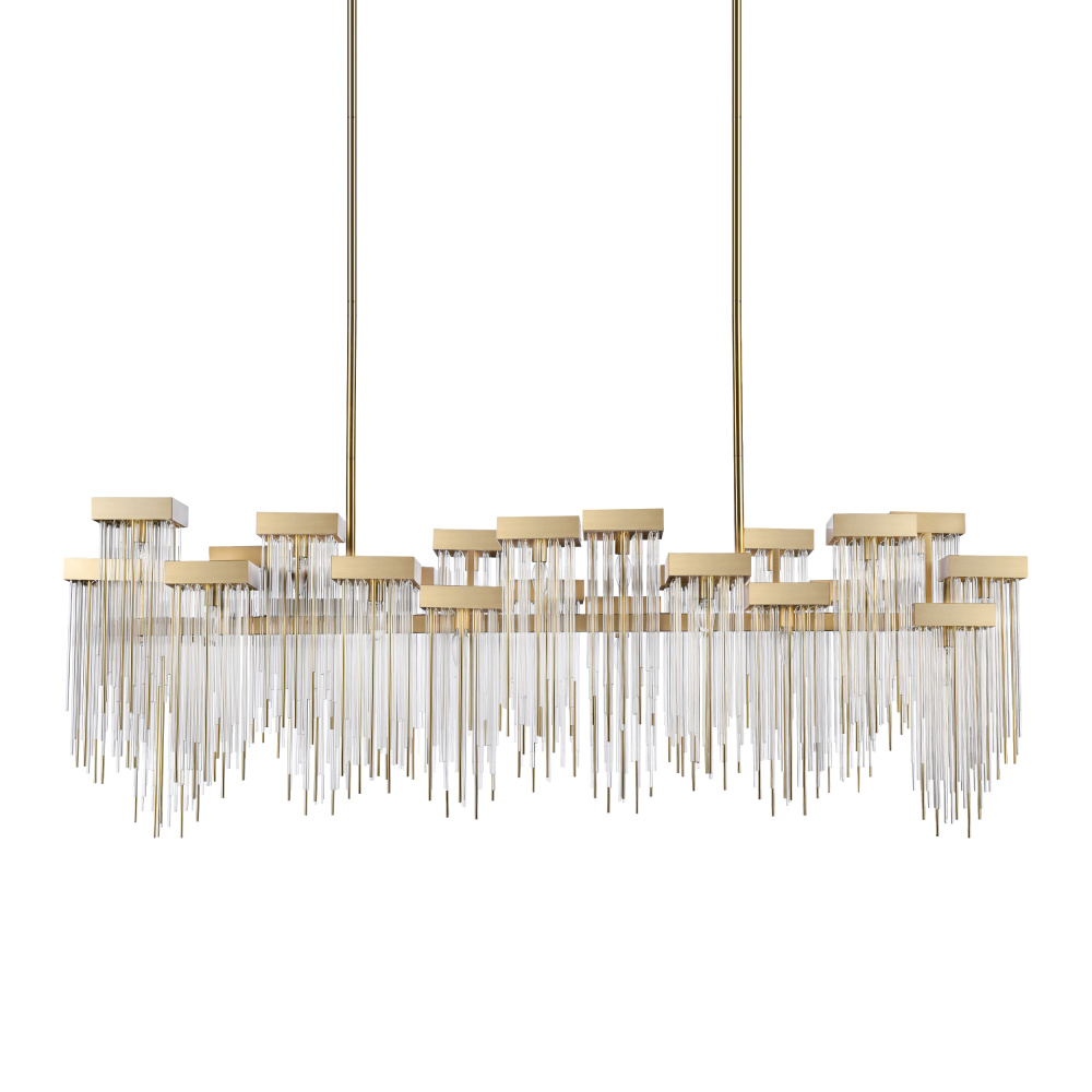 Waterfall 72" 24-Light, Cityscape Glass Chandelier in Aged Brass