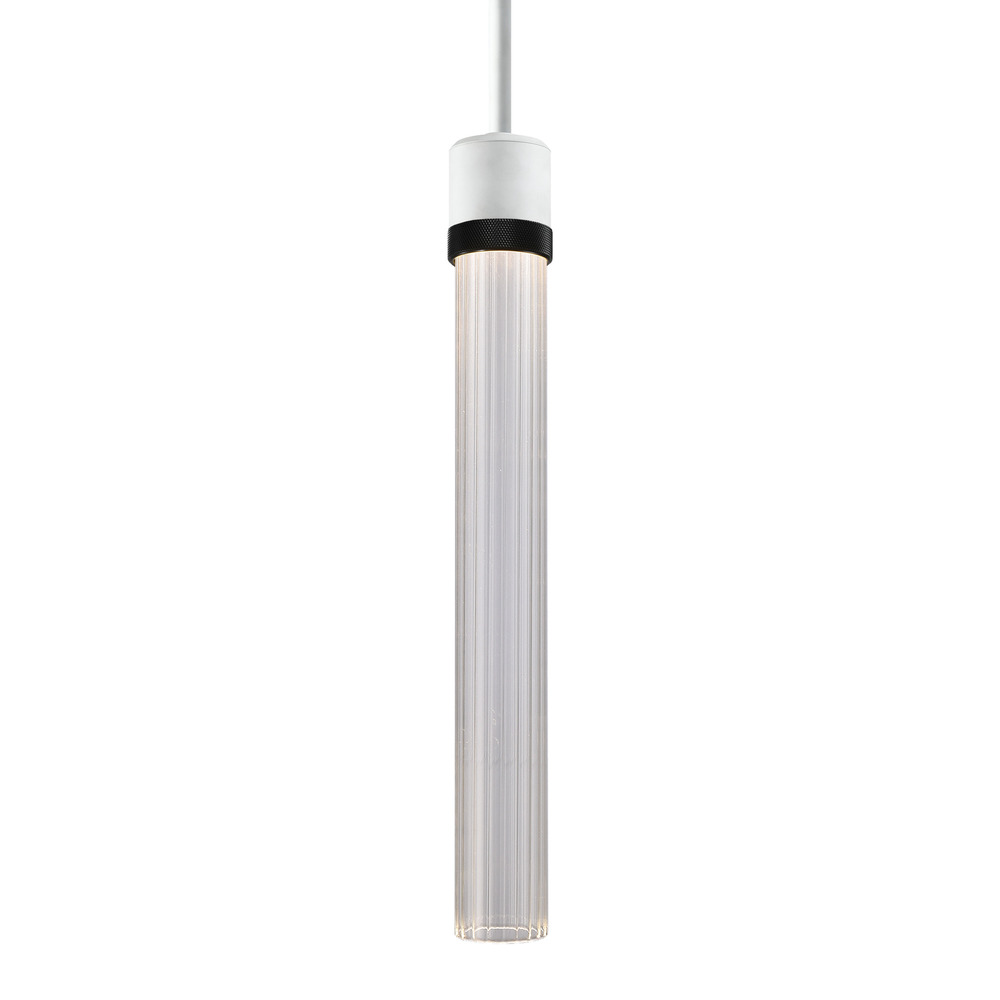 Zigrina 18" Fluted Glass LED Pendant in White and Black Knurled Ring