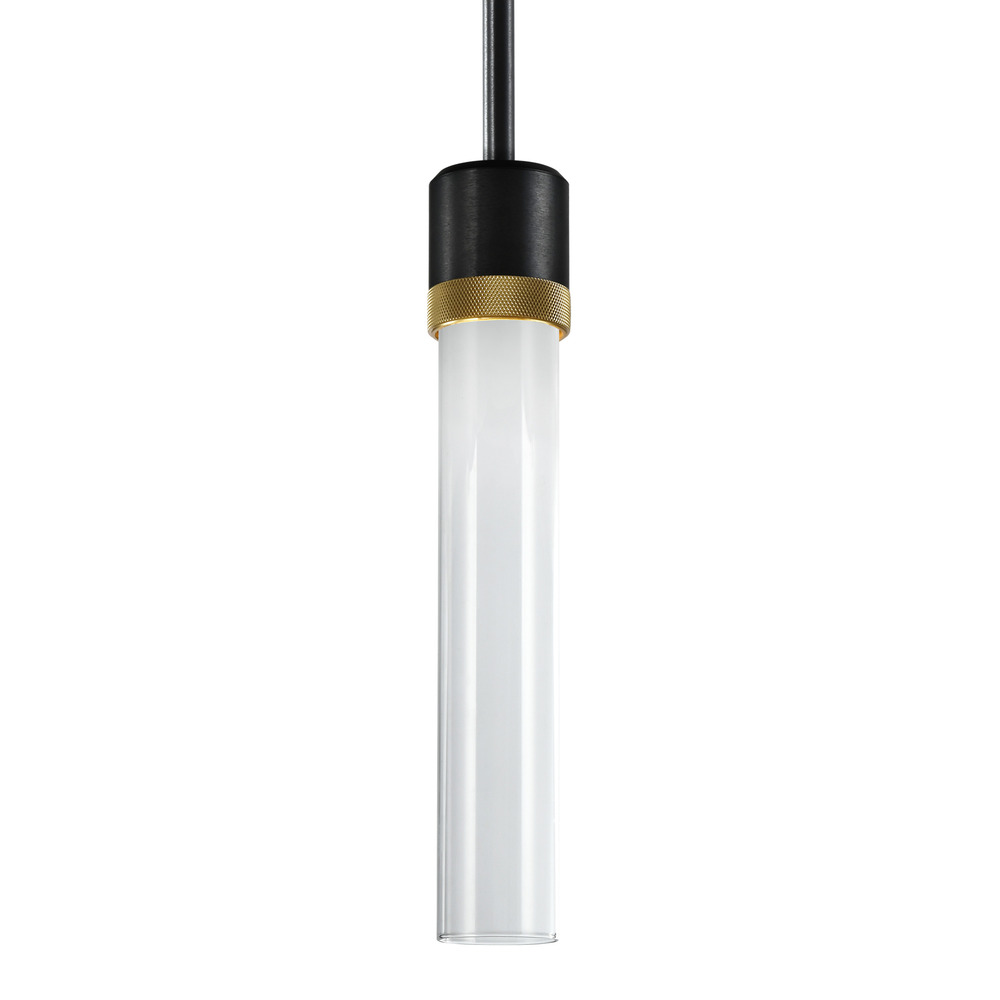 3" LED 3CCT Cylindrical Pendant Light, 12" Clear Glass and Satin Brushed Black with Brass Fi