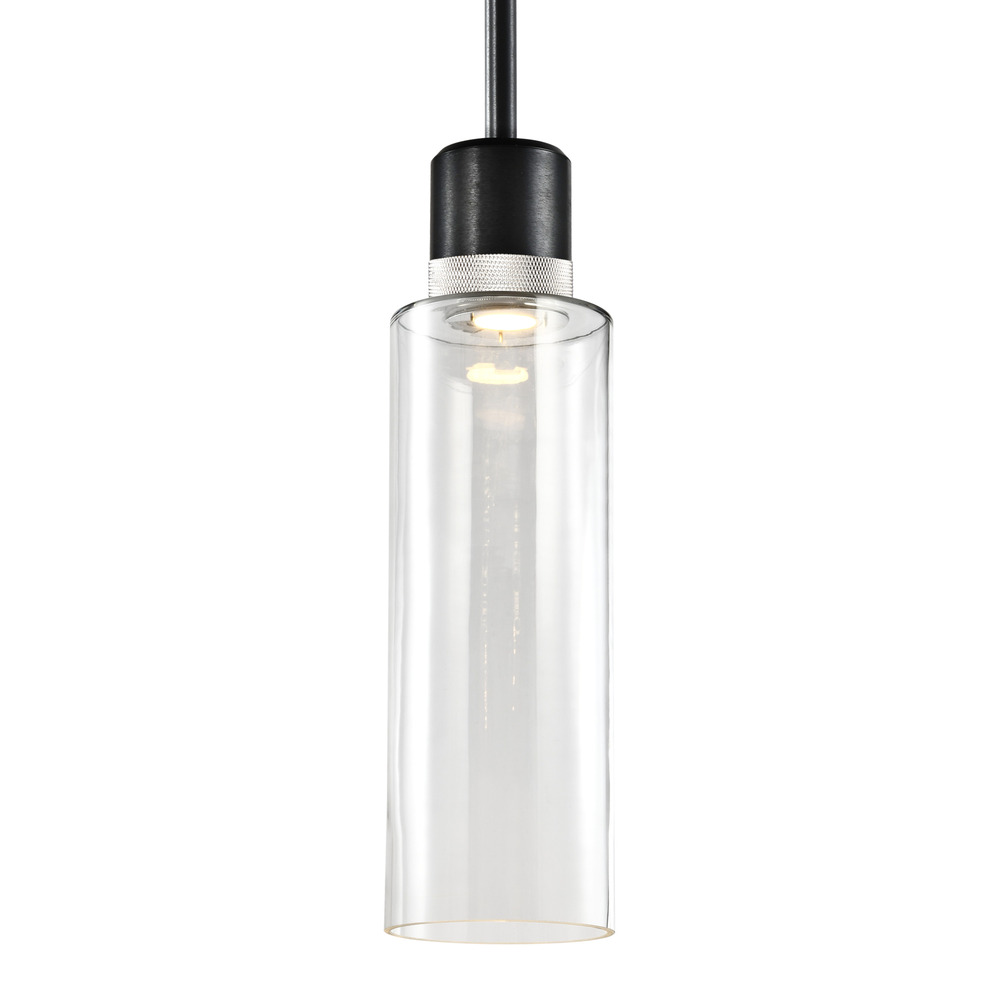 6" LED 3CCT Cylindrical Drum Pendant Light, 18" Clear Glass and Satin Brushed Black with Nic