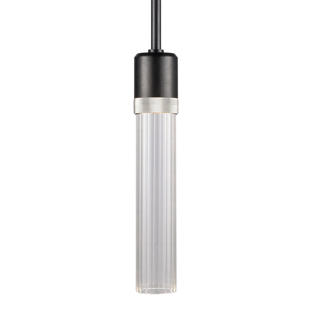Zigrina 12" Fluted Glass LED Pendant in Black and Nickel Knurled Ring