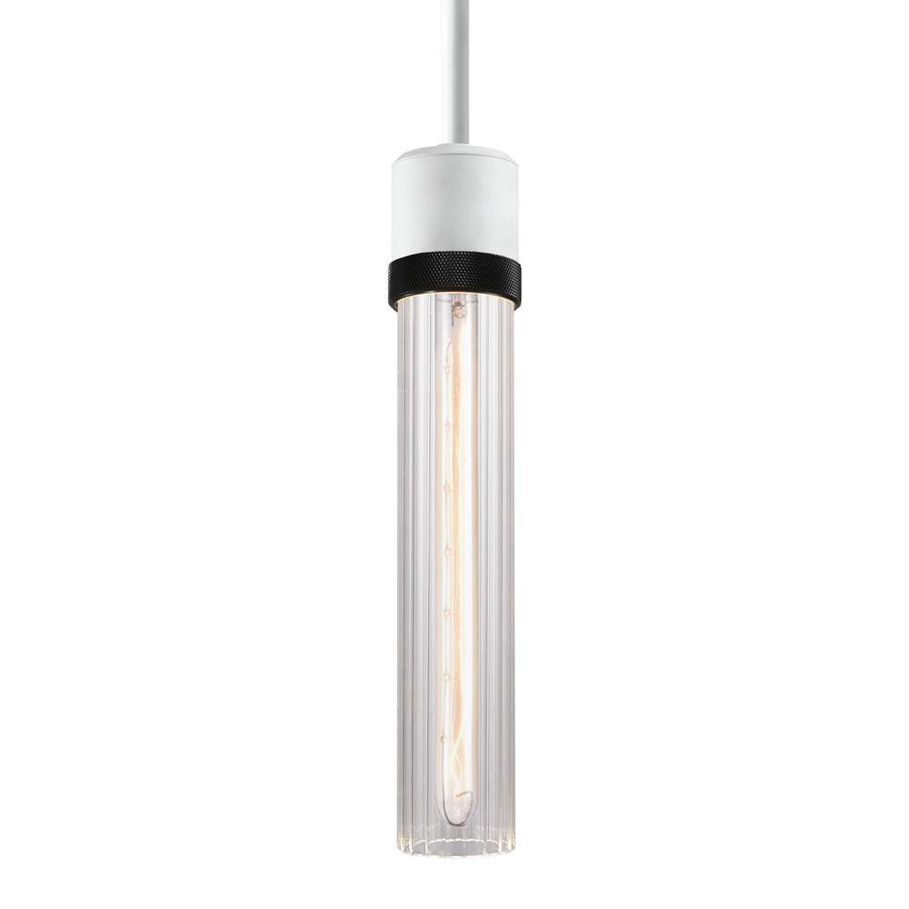Zigrina 12" Fluted Glass E26 Pendant in White with Knurled Ring in Black