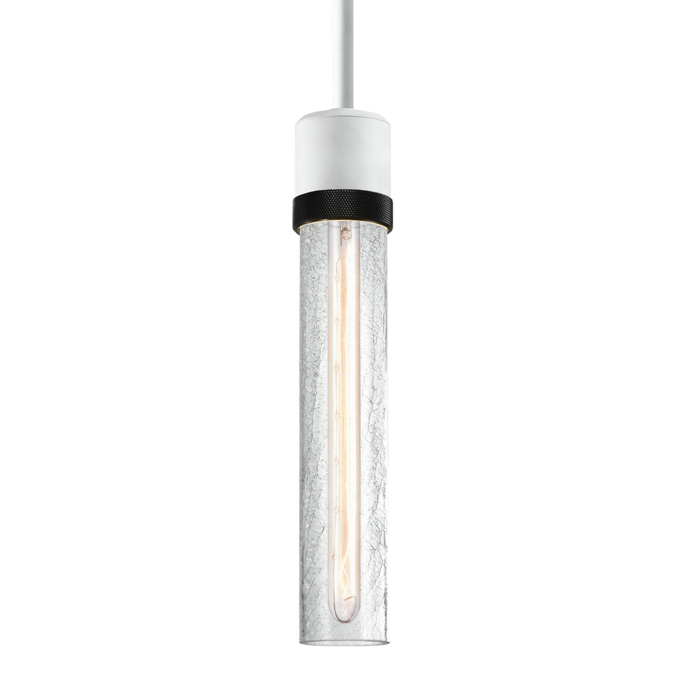 Zigrina 12" Crackled Glass E26 Pendant in White with Knurled Ring in Black