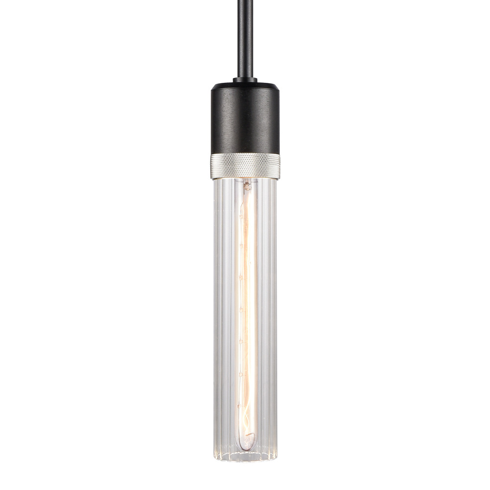 Zigrina 12" Fluted Glass E26 Pendant in Black with Knurled Ring in Nickel