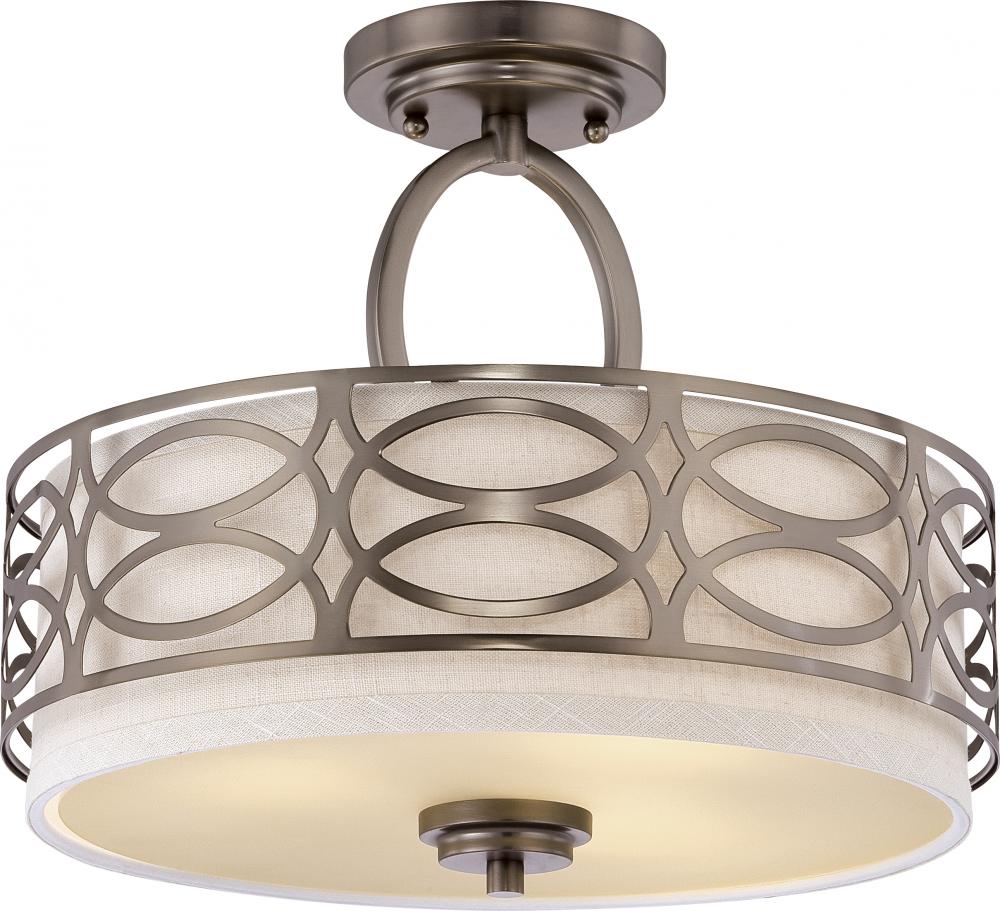 Harlow - 3 Light Semi Flush with Khaki Fabric Shade - Hazel Bronze Finish